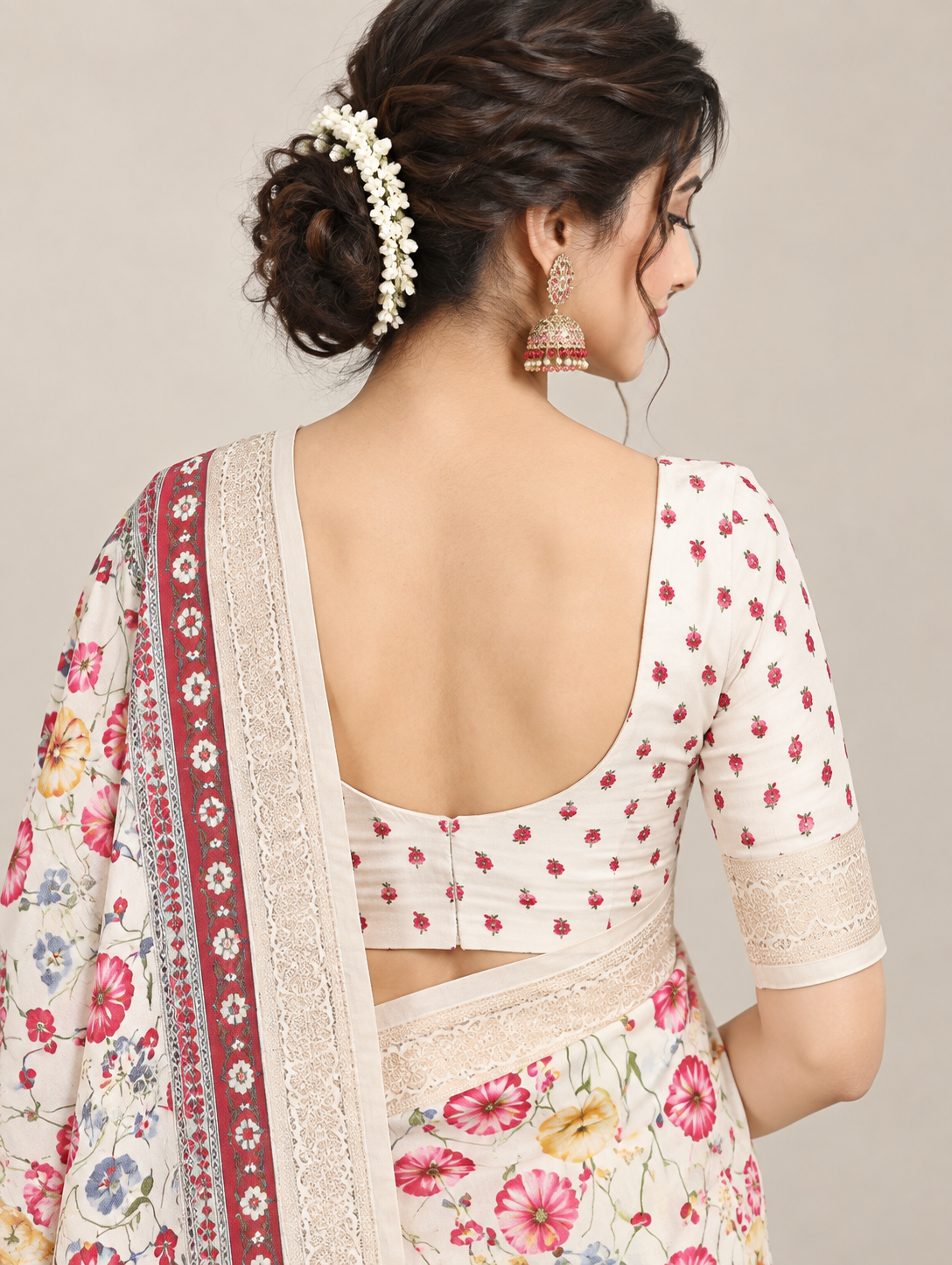 Ivory Pink Floral Saree with Maroon Decorative Border