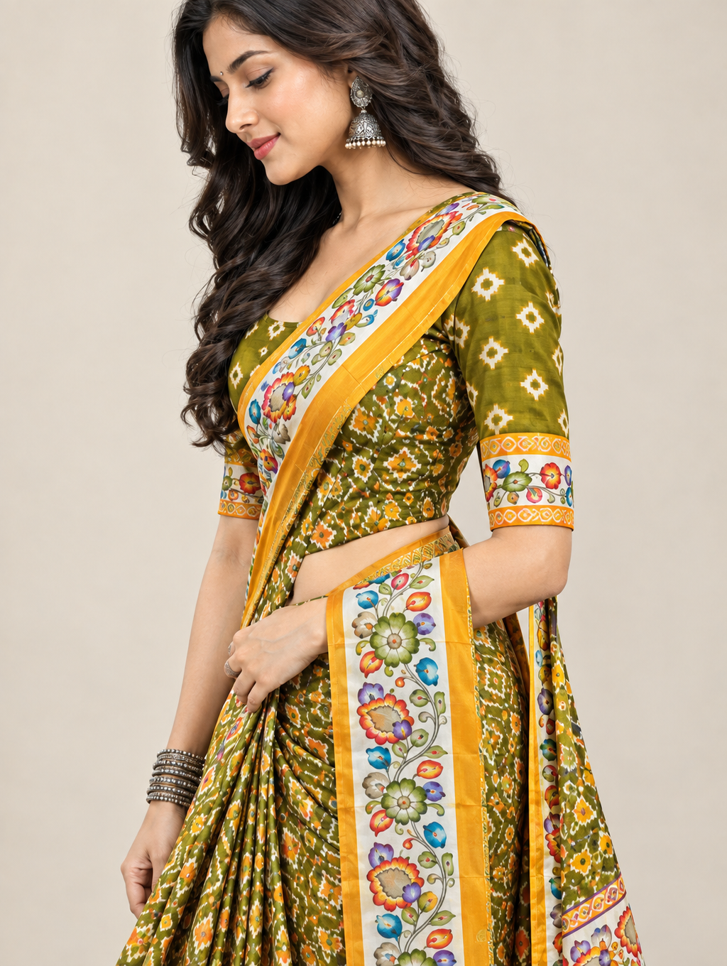 Green & Mustard Pure Cotton Saree with Floral Border