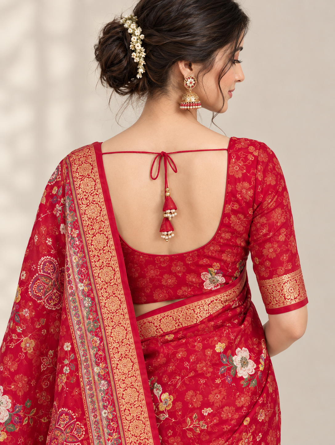 Red Large Floral Print Saree with Golden Border