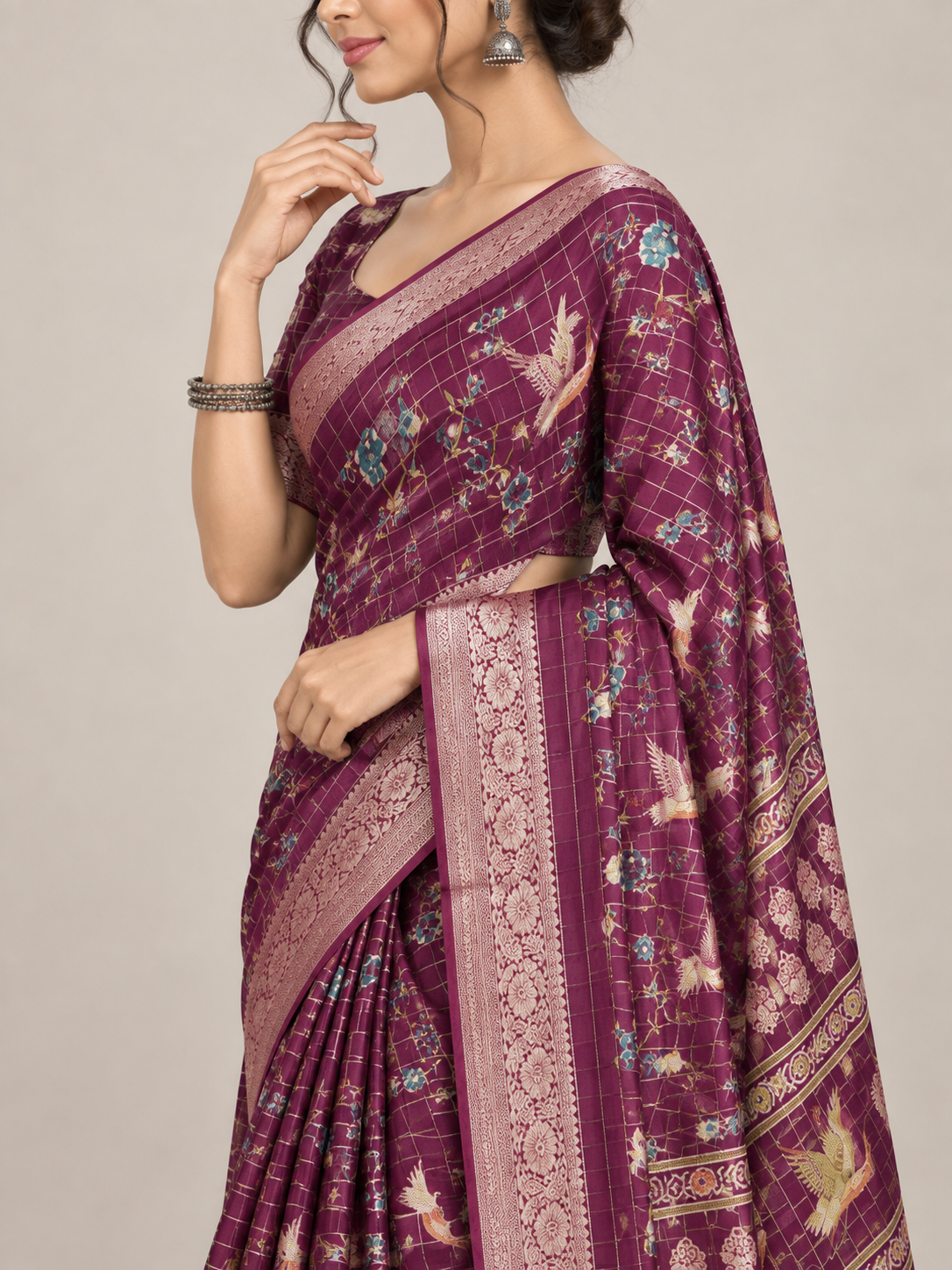 Wine Chinnon Check Saree with 5-Inch Jacquard Border