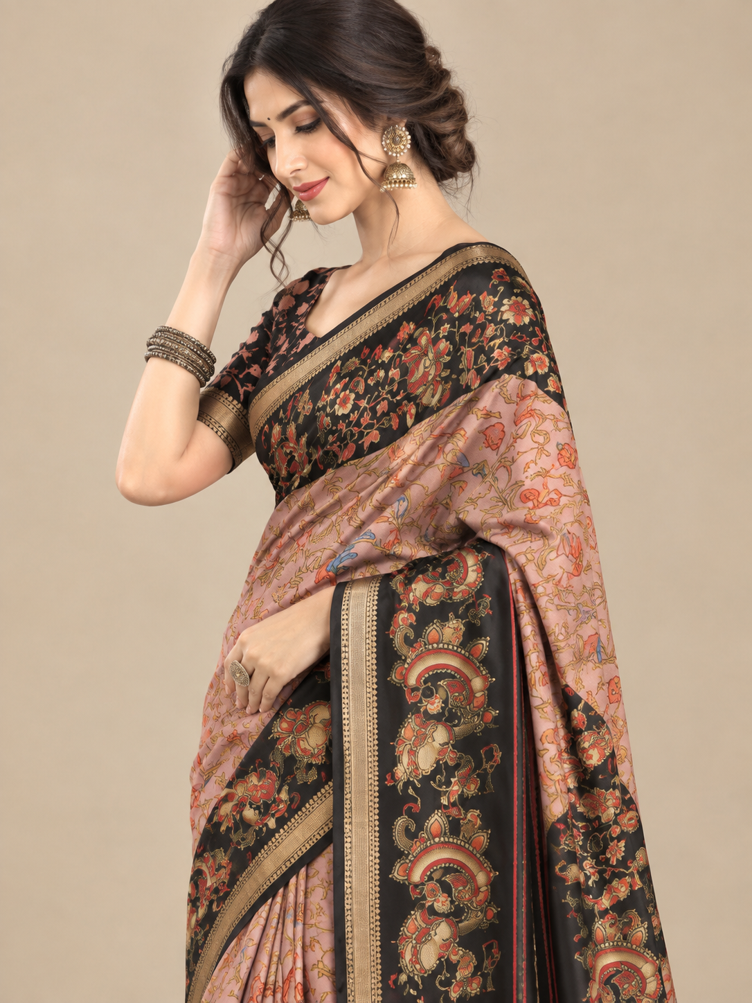 Peach Printed Black Yarn Dolla Saree with Black Floral Border