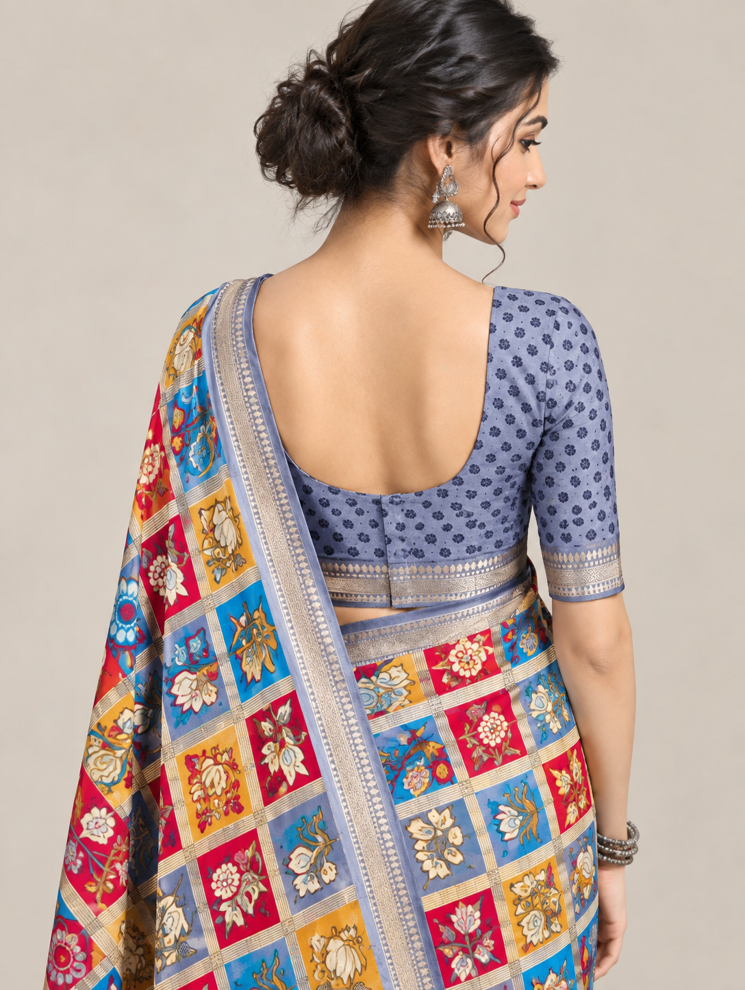 Blue Multicolour Floral Patchwork Print Saree