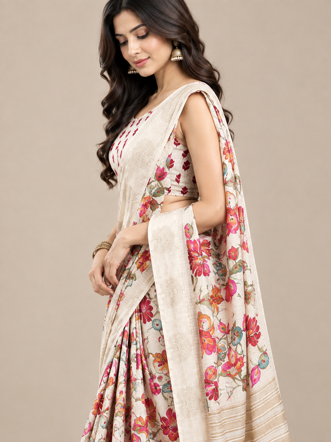 Ivory Floral Dolla Silk Jacquard Saree with Butta Border