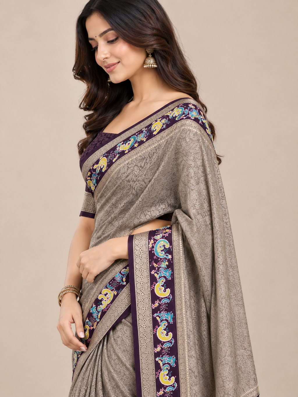 Grey Barcode Silk Saree with Purple Bentex Borders