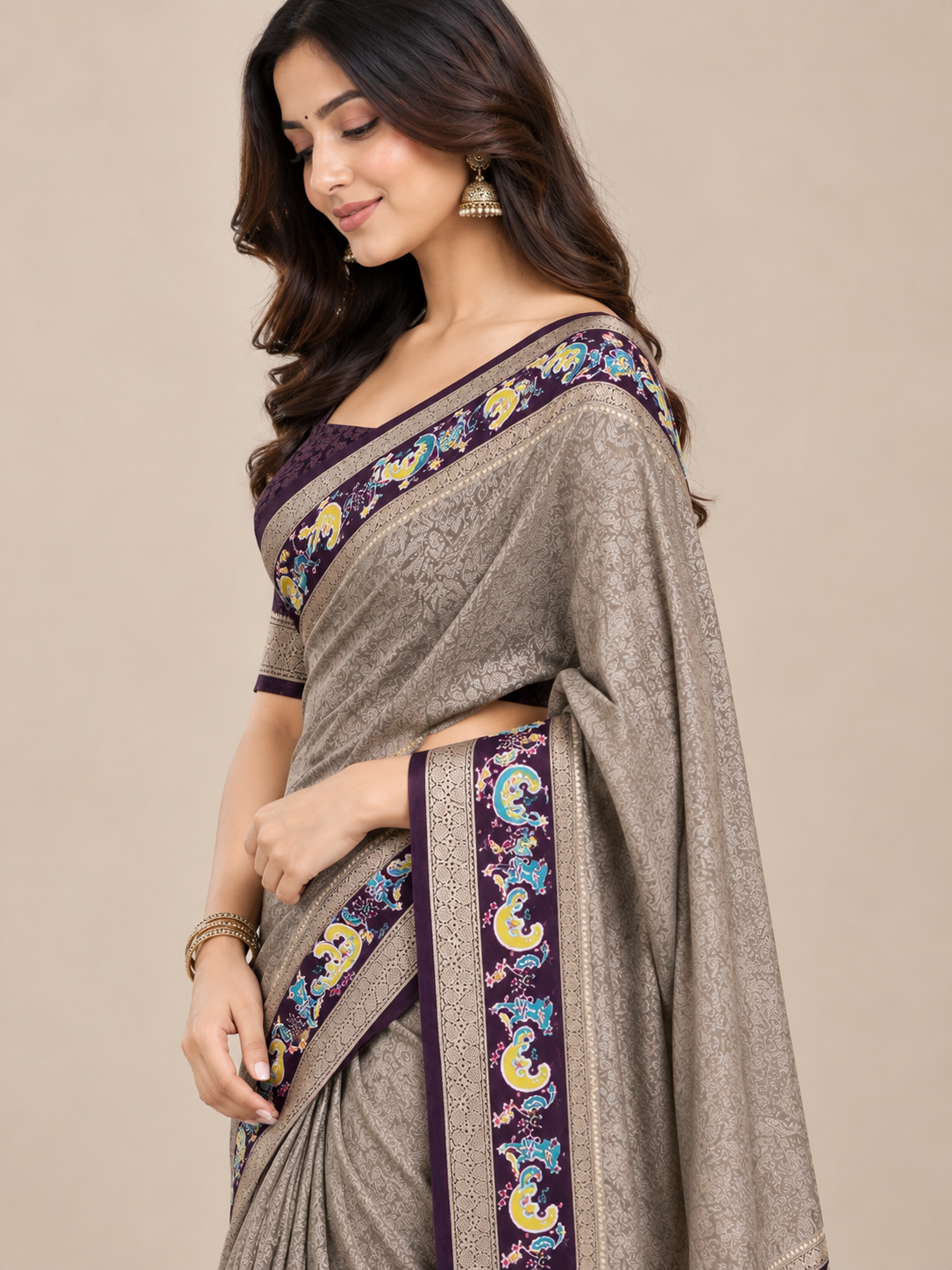 Grey Barcode Silk Saree with Purple Bentex Borders