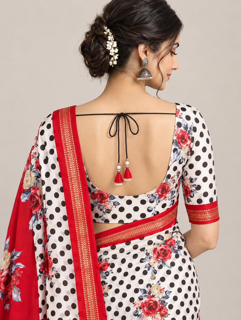 White Polka Dot Floral Saree with Red Border & Pallu