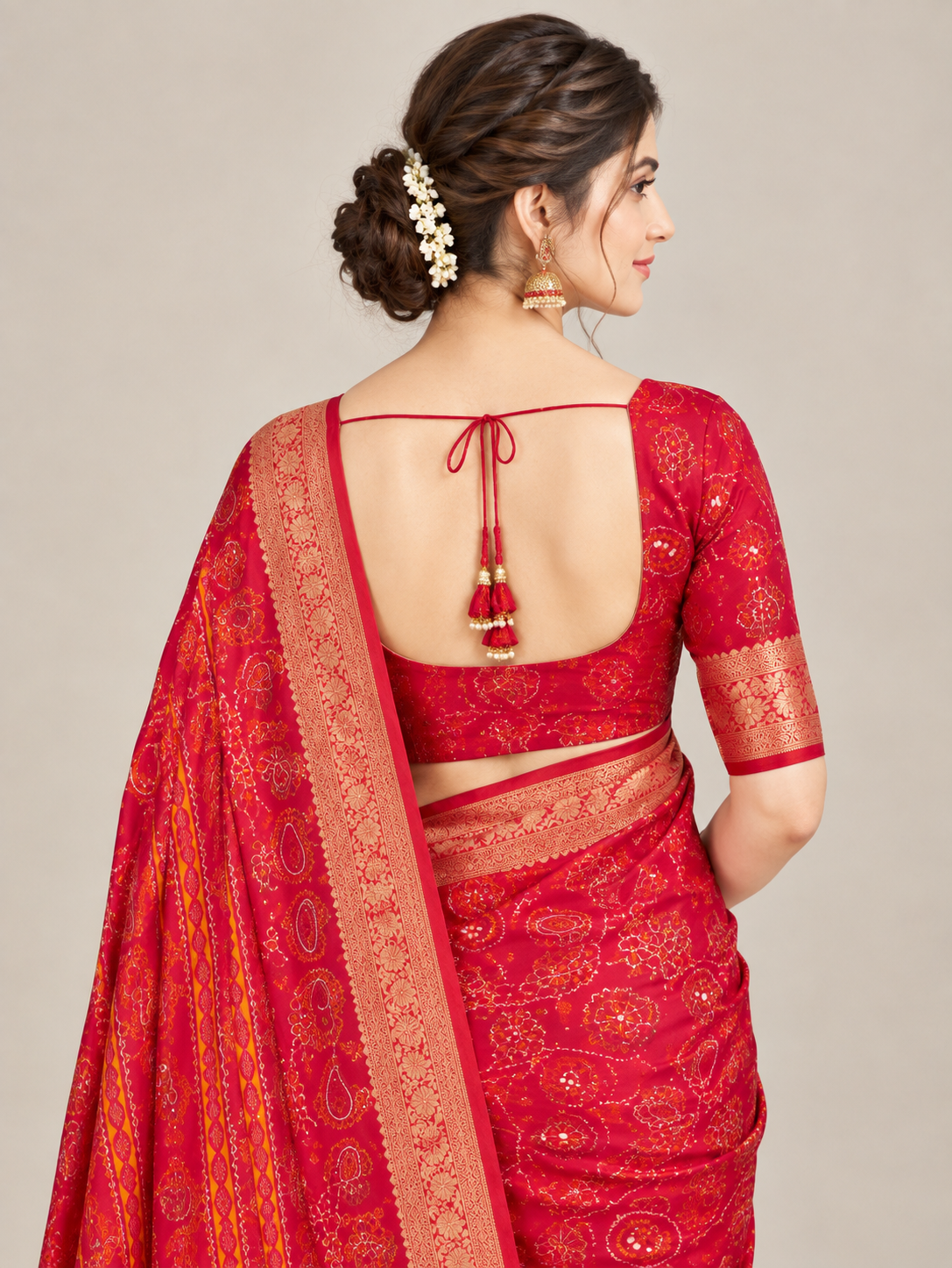 Red Fine Print Saree with Gold-Toned Paisley Pallu