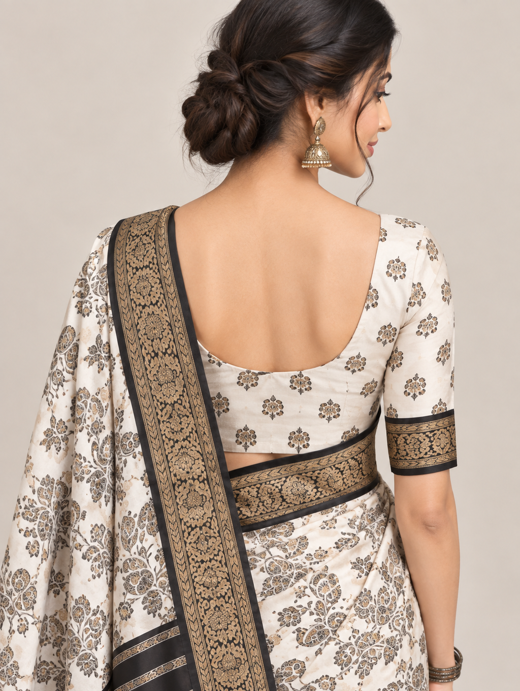 White & Black Floral Saree with Elephant Motif Pallu
