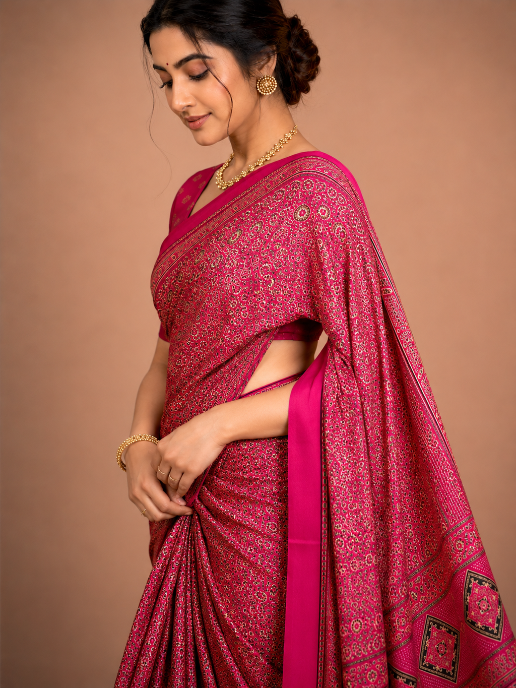 Pink Geometric Semi-Modal Ajrakh Mirror Work Saree