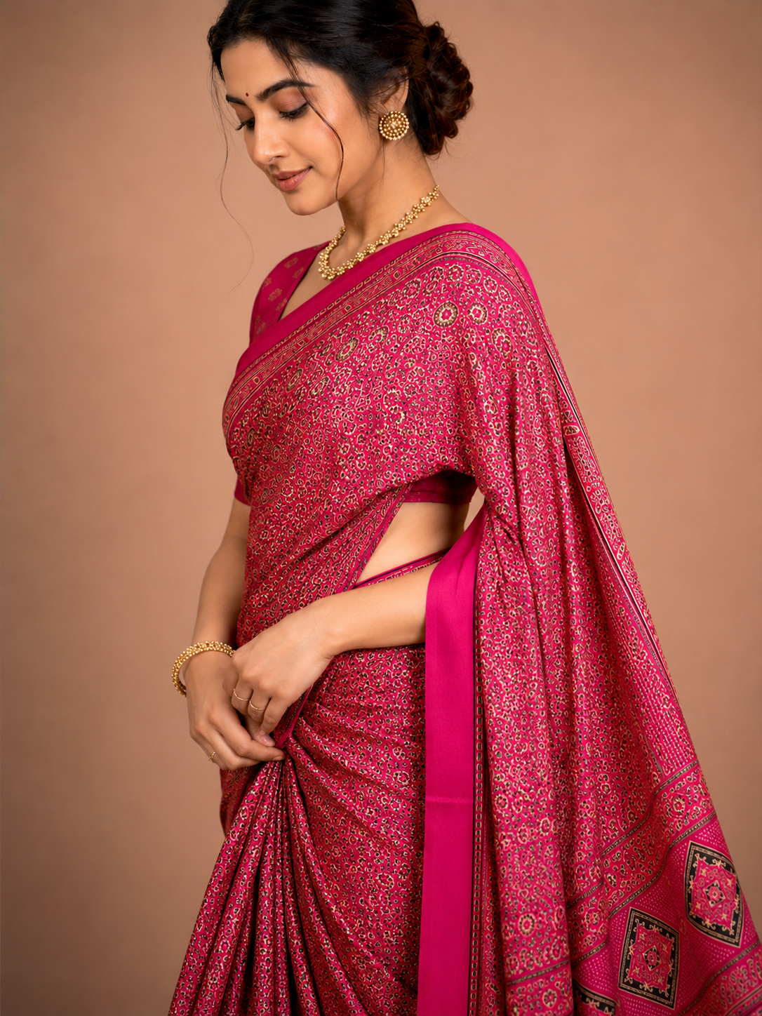 Pink Geometric Semi-Modal Ajrakh Mirror Work Saree
