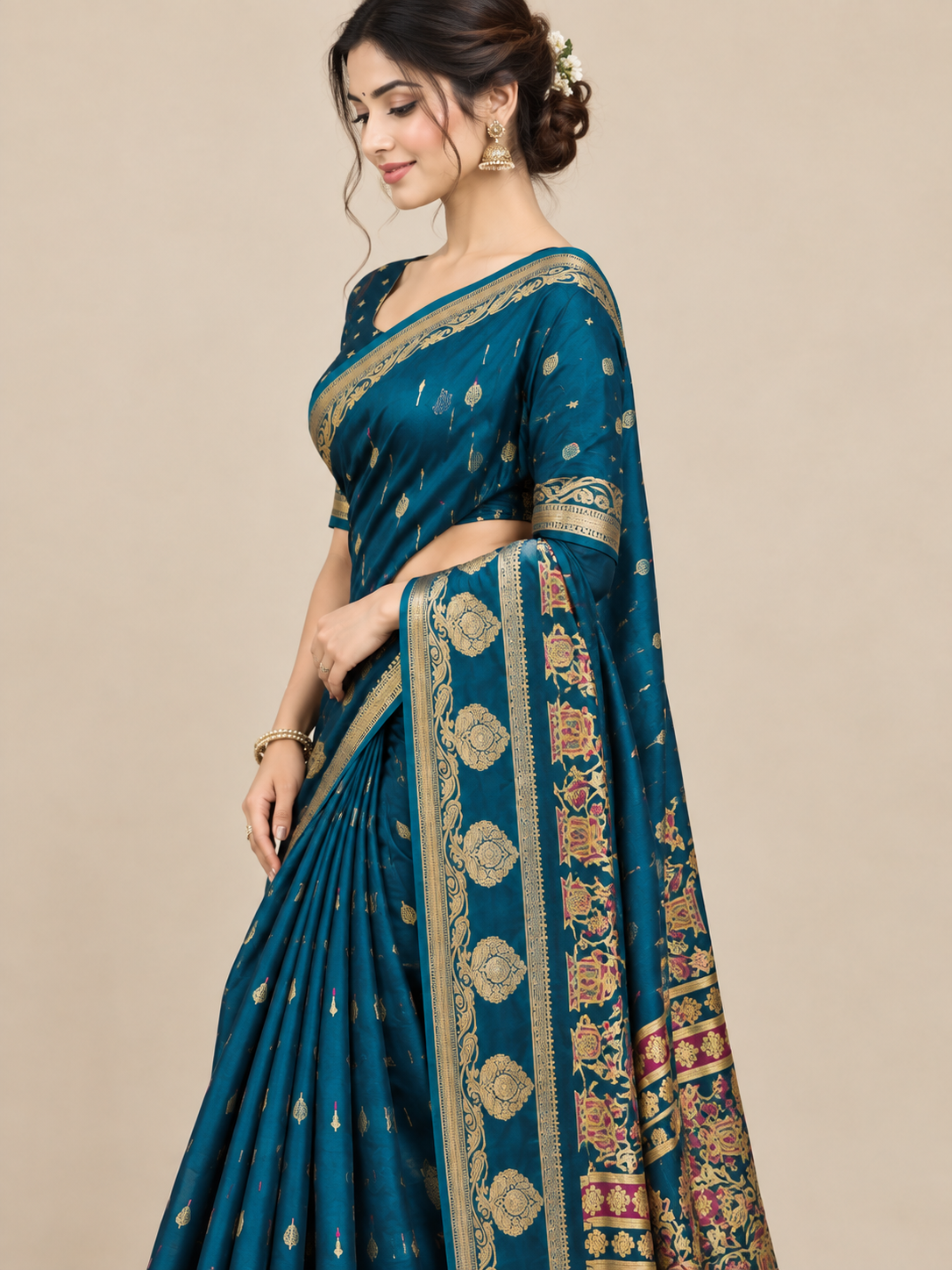 Teal Blue Chinnon Butti Saree with Jacquard Border