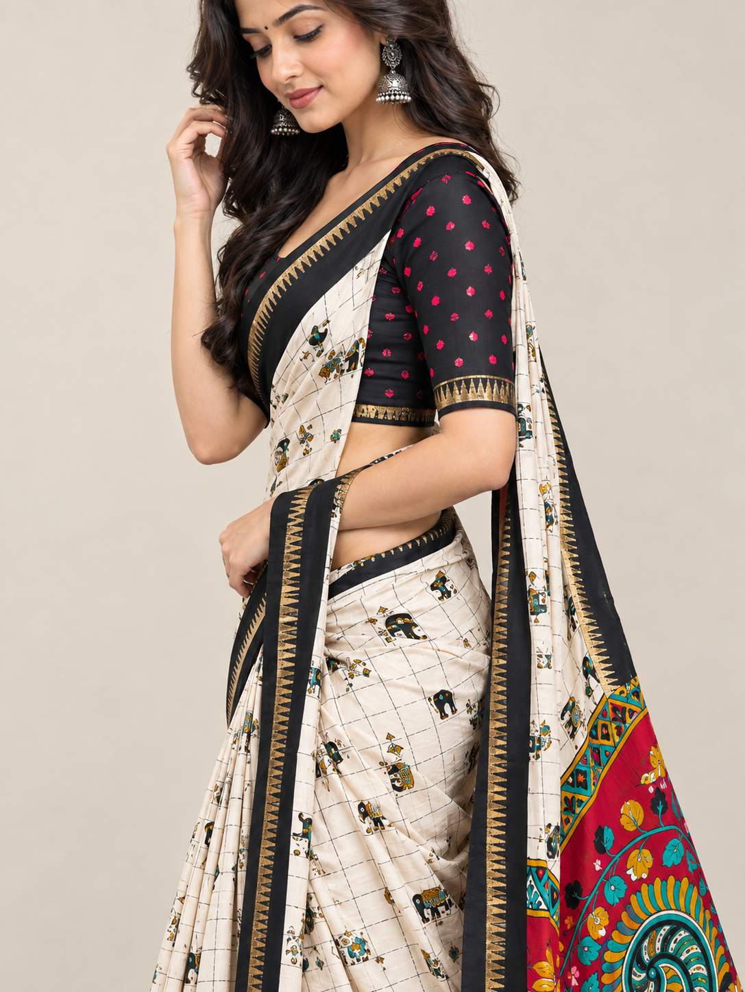 Cream Elephant Print Dolla Silk Saree with Colourful Pallu