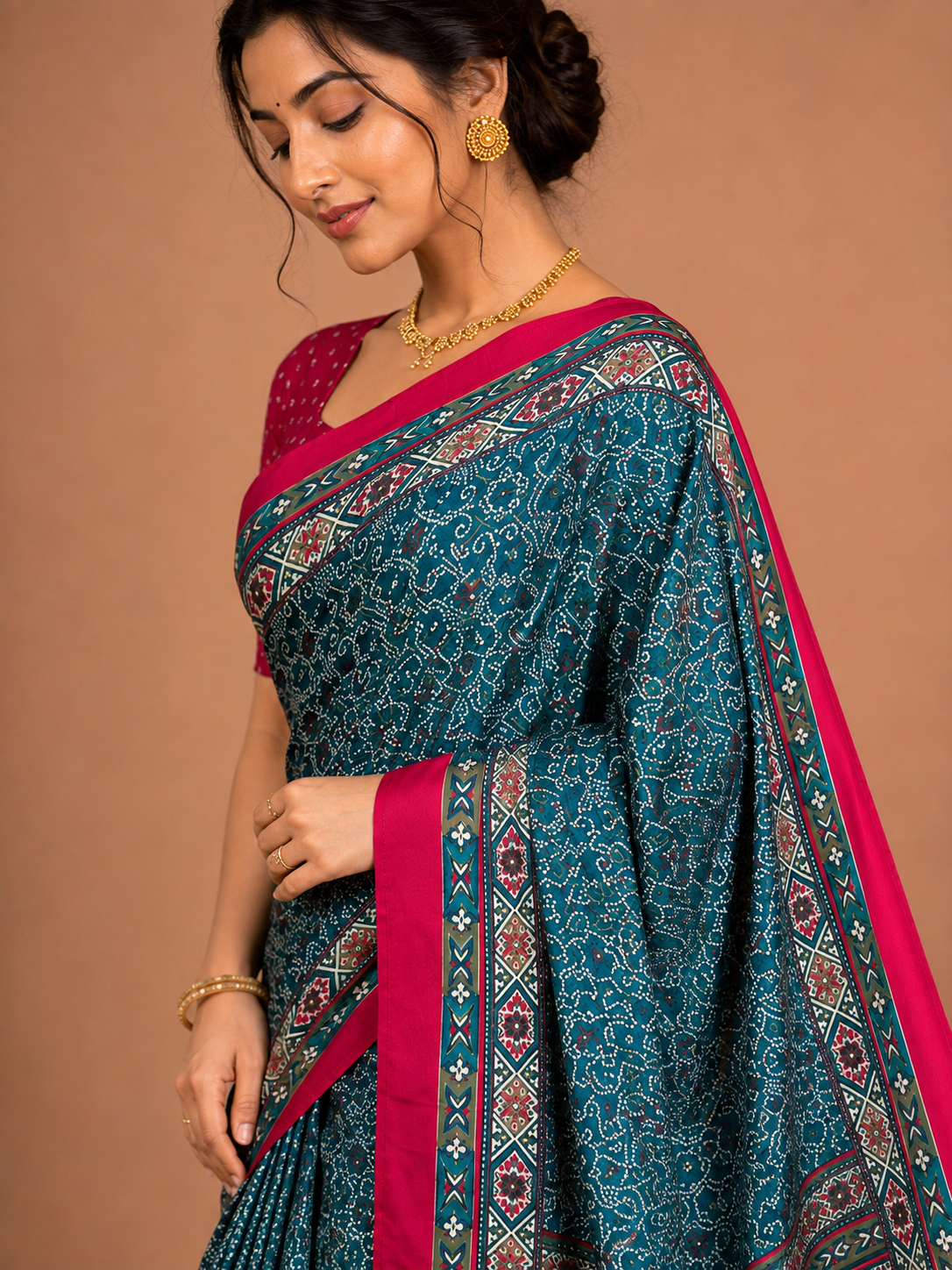 Teal Blue Semi-Modal Ajrakh Saree with Pink Border