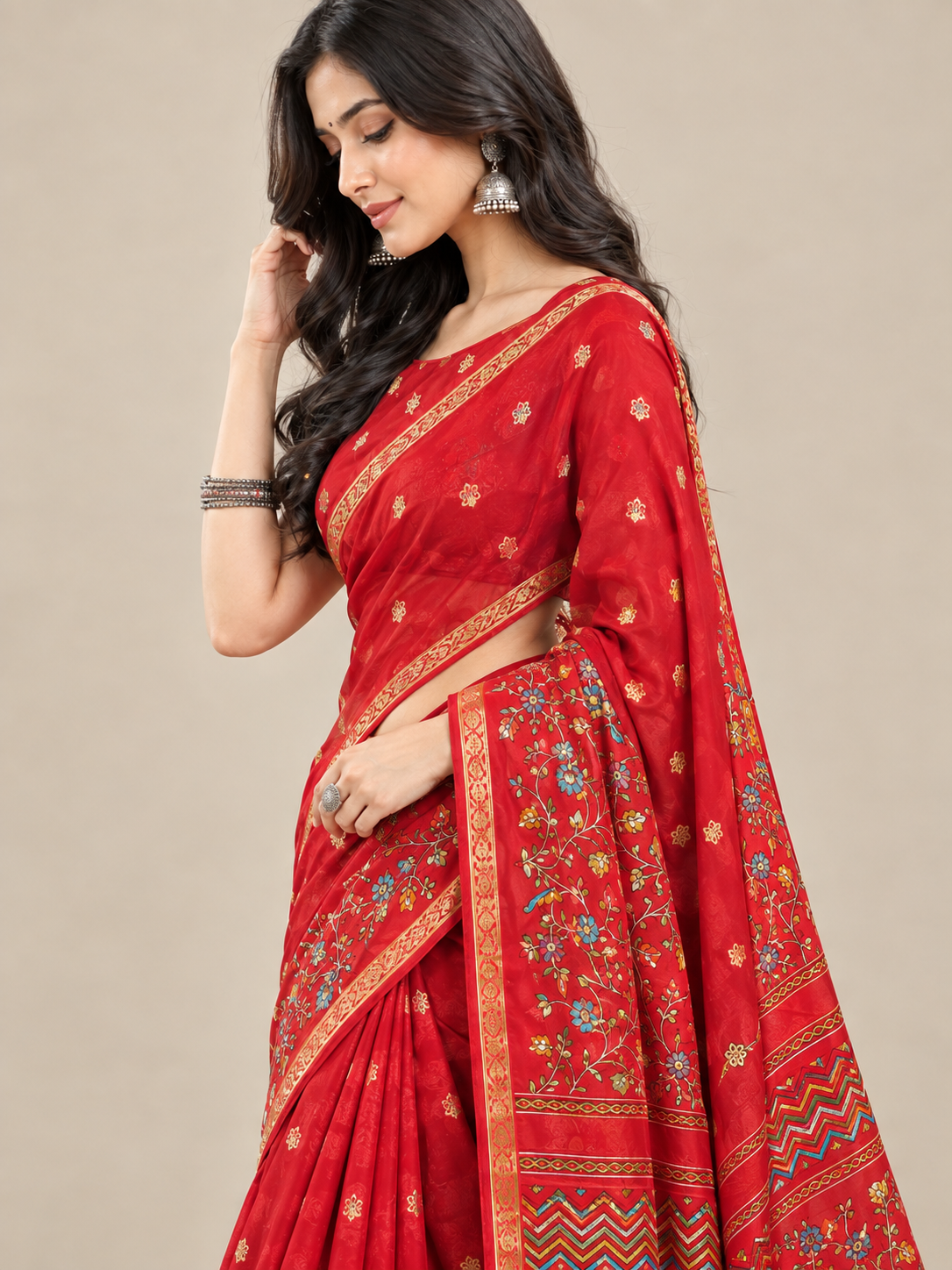Red Dolla Silk Butti Saree with Floral Gap Border