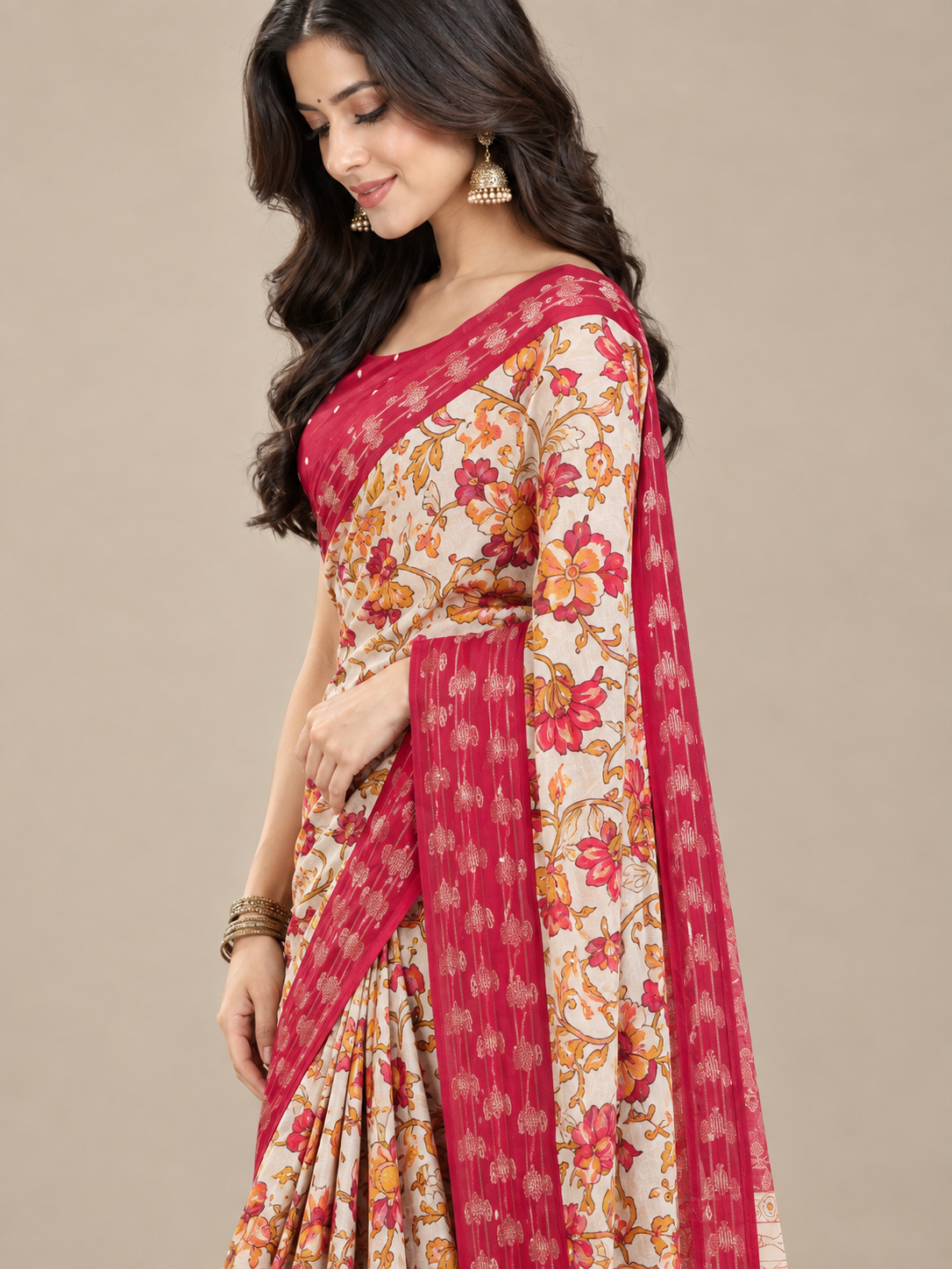 Cream Floral Dolla Silk Saree with Red Sparrow Border
