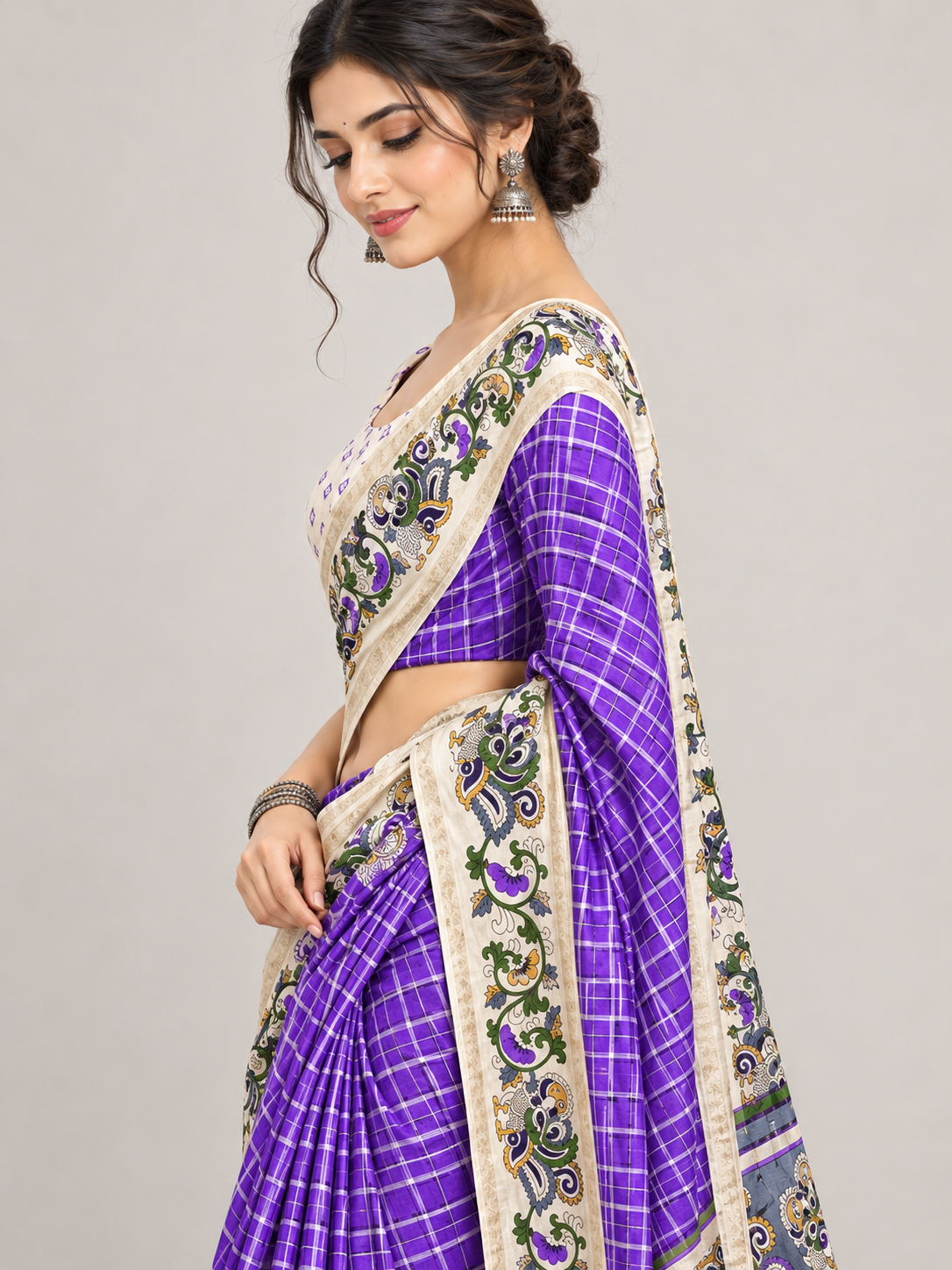 Purple Check Marshmallow Saree with Floral Bentex Borders