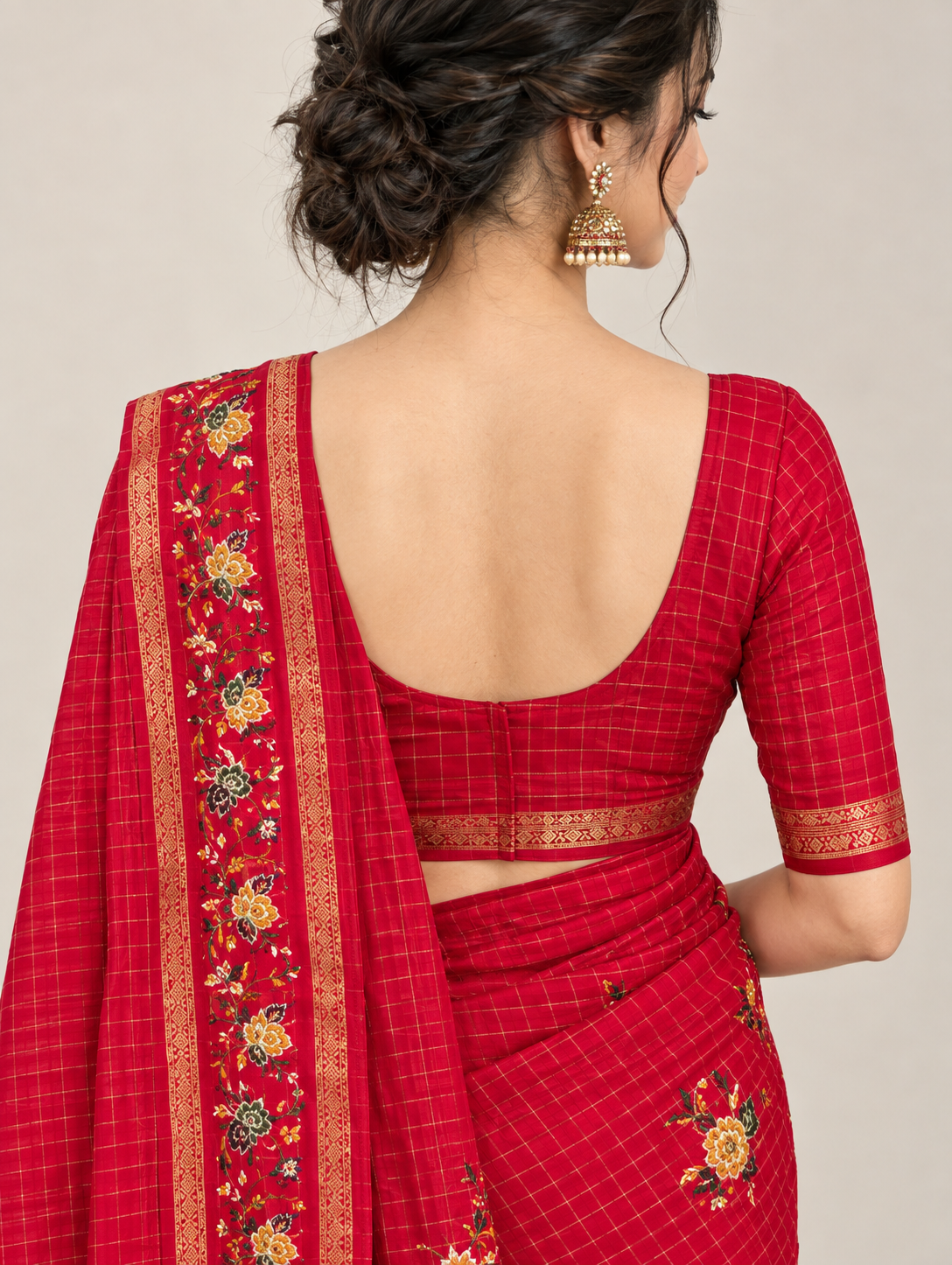 Red Check Weave Saree with Floral Border & Pallu