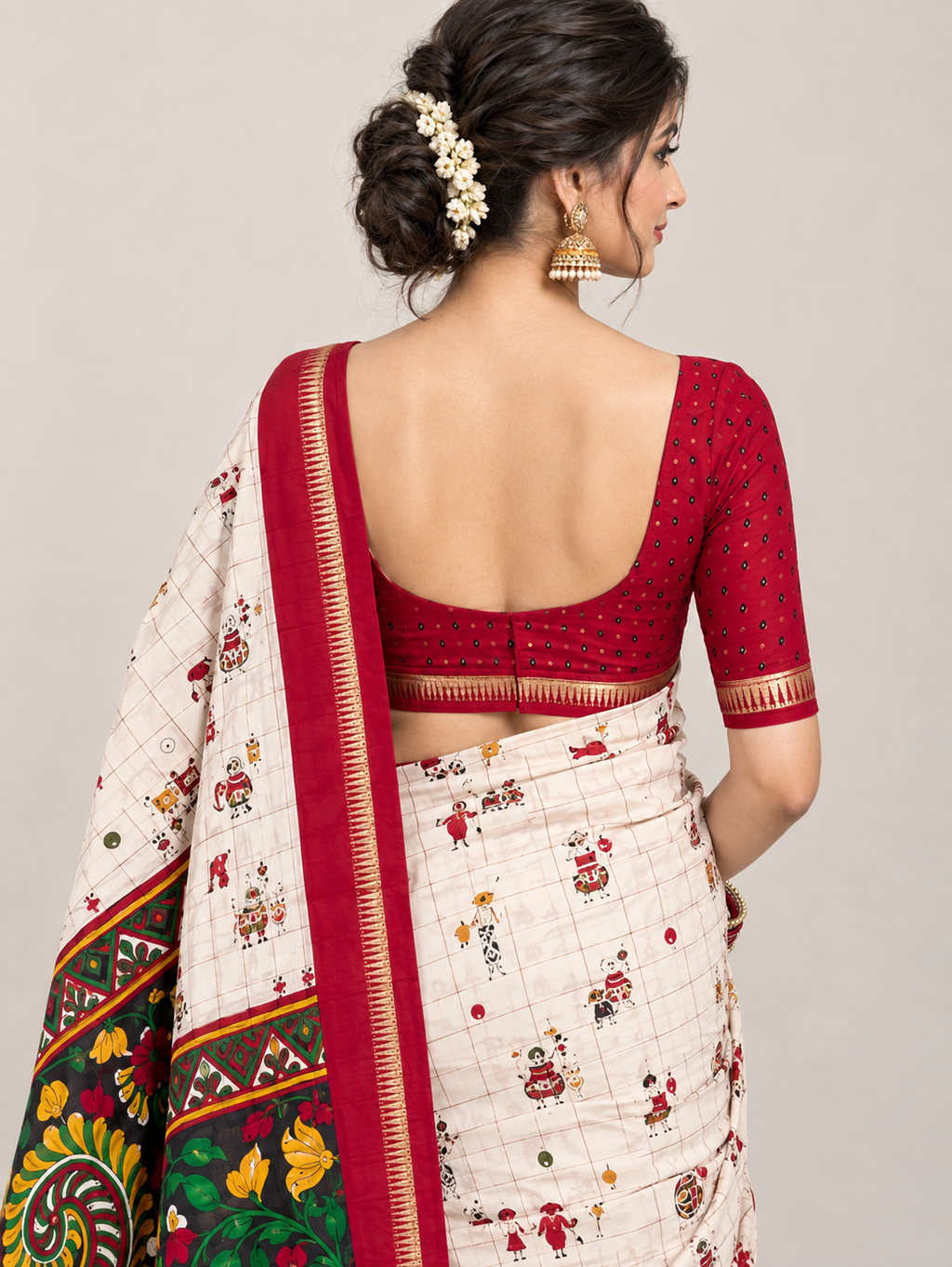 Cream Check Printed Saree with Red Border & Artistic Pallu
