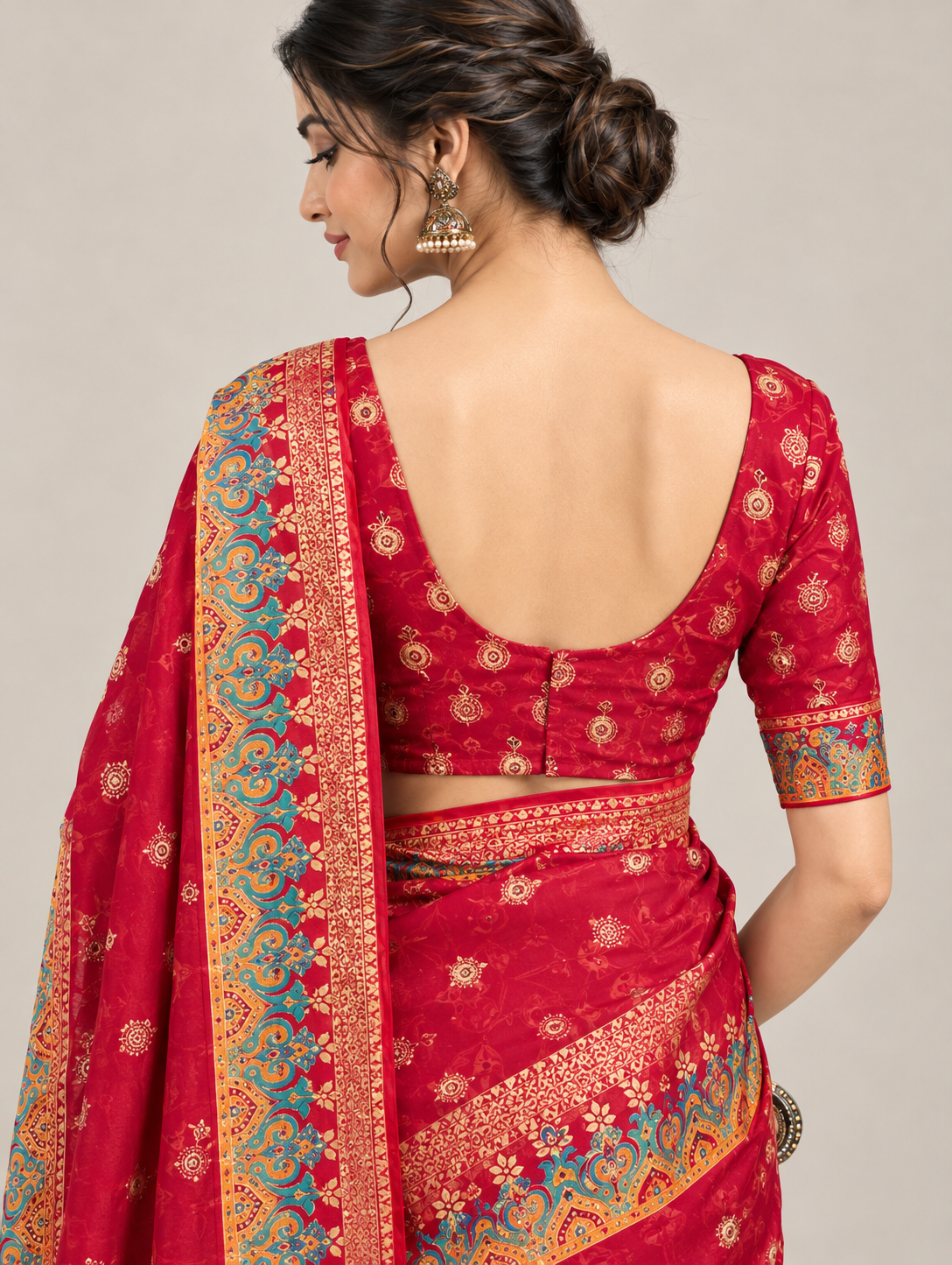 Red Motif Print Saree with Multicolour Decorative Border