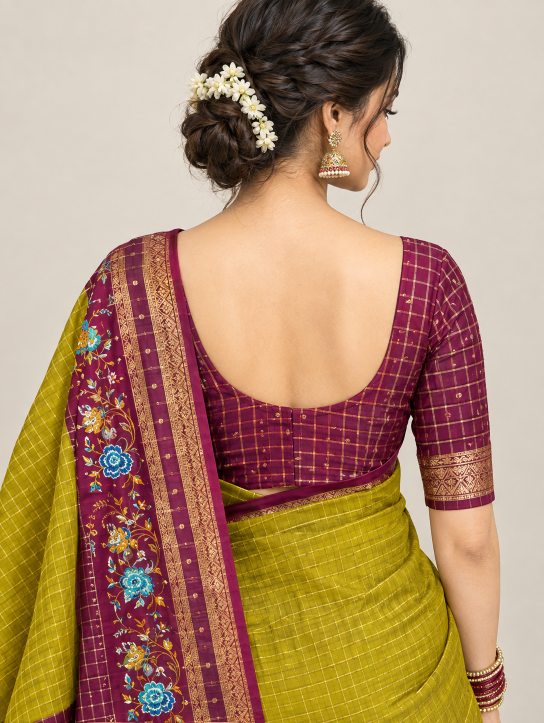 Olive Green Check Saree with Wine Floral Border