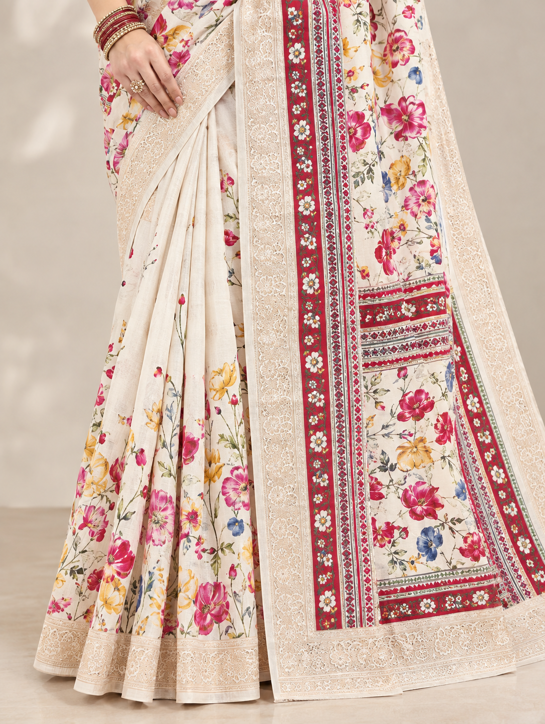 Ivory Pink Floral Saree with Maroon Decorative Border