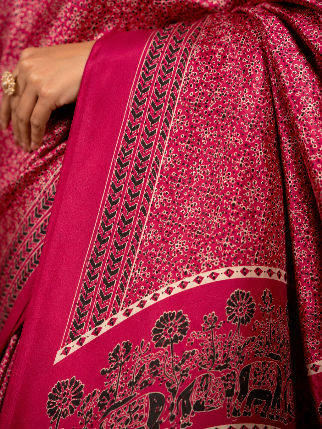 Magenta Semi-Modal Ajrakh Saree with Elephant Motif Pallu