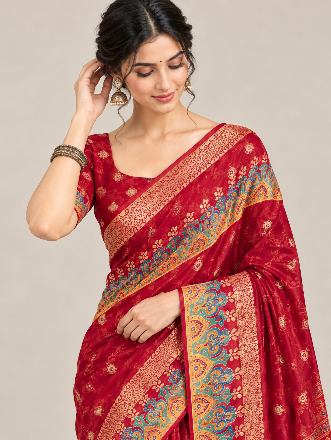 Red Motif Print Saree with Multicolour Decorative Border