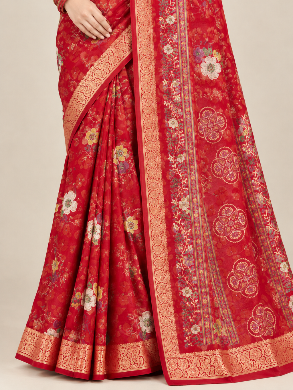 Red Large Floral Print Saree with Golden Border