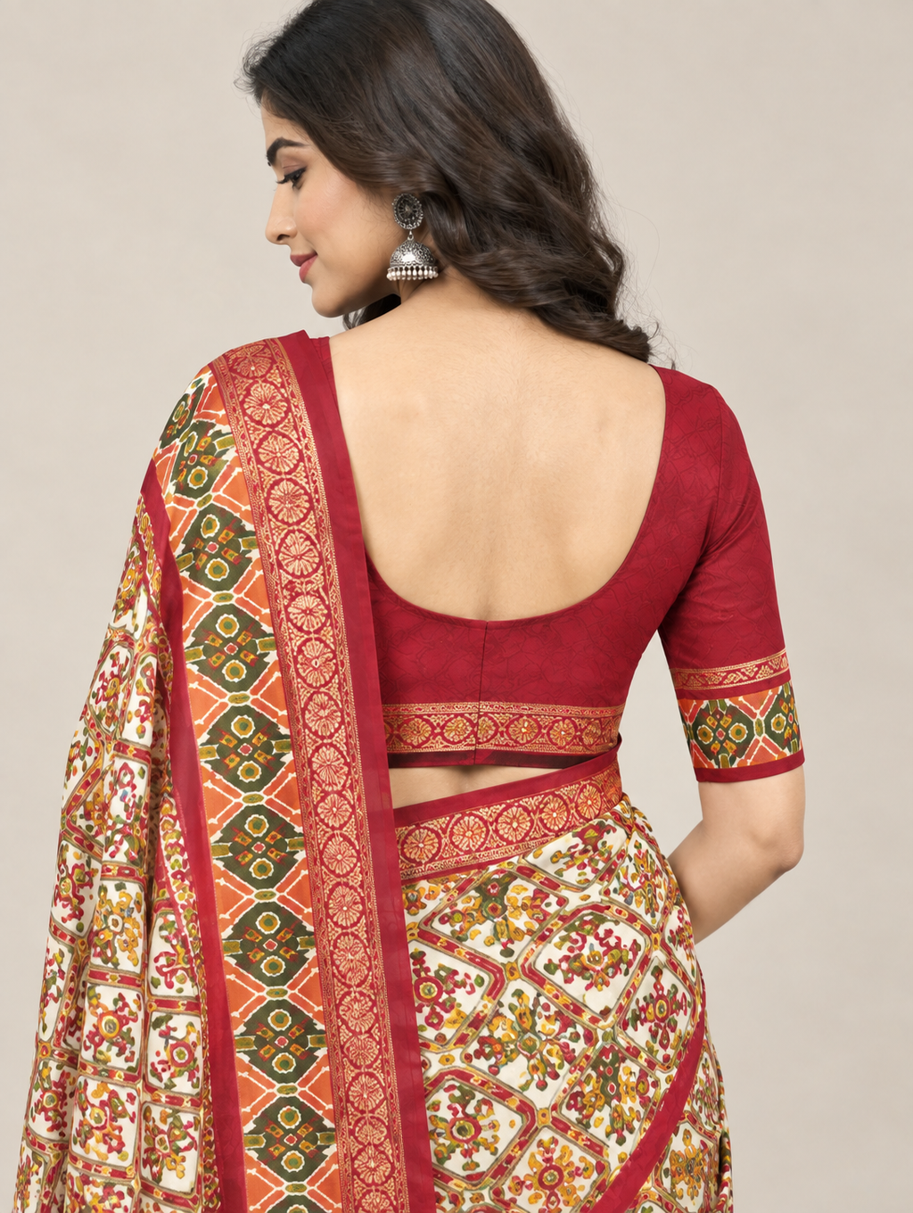 Cream & Maroon Pure Cotton Saree with Geometric Print