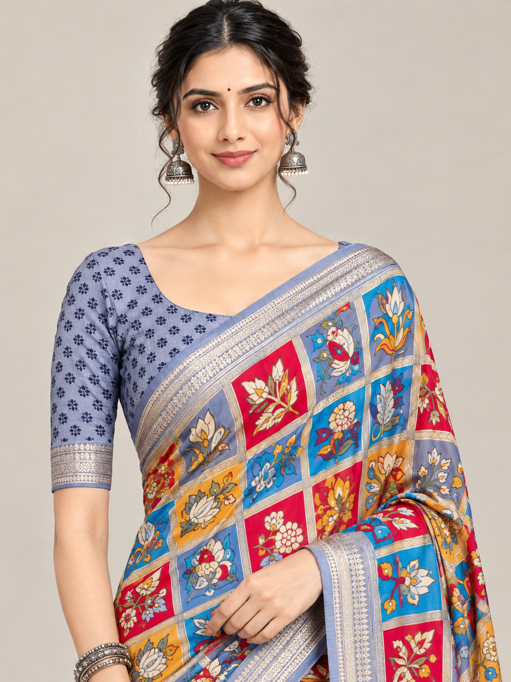 Blue Multicolour Floral Patchwork Print Saree
