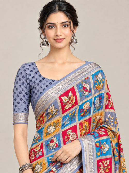 Blue Multicolour Floral Patchwork Print Saree