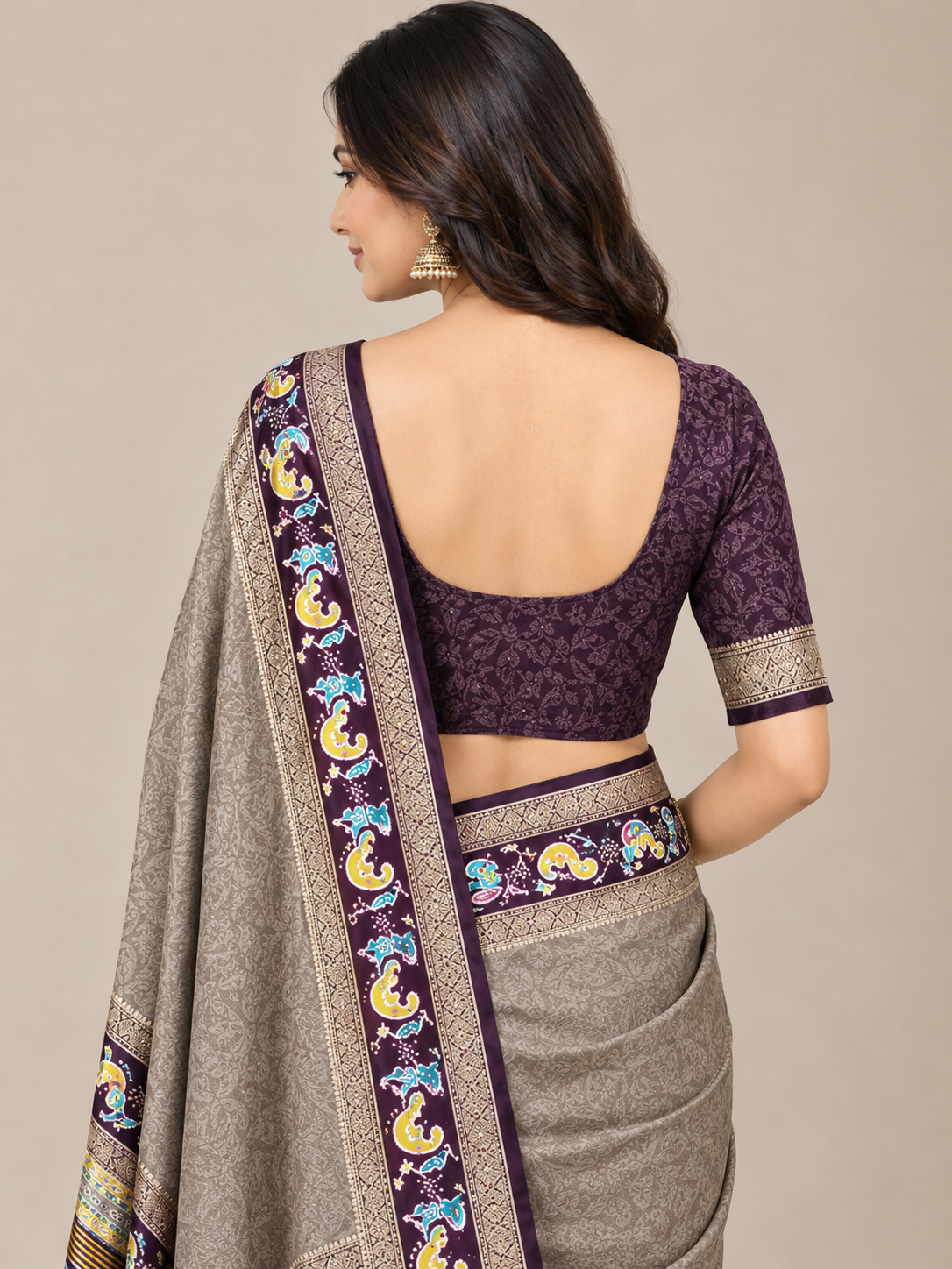 Grey Barcode Silk Saree with Purple Bentex Borders