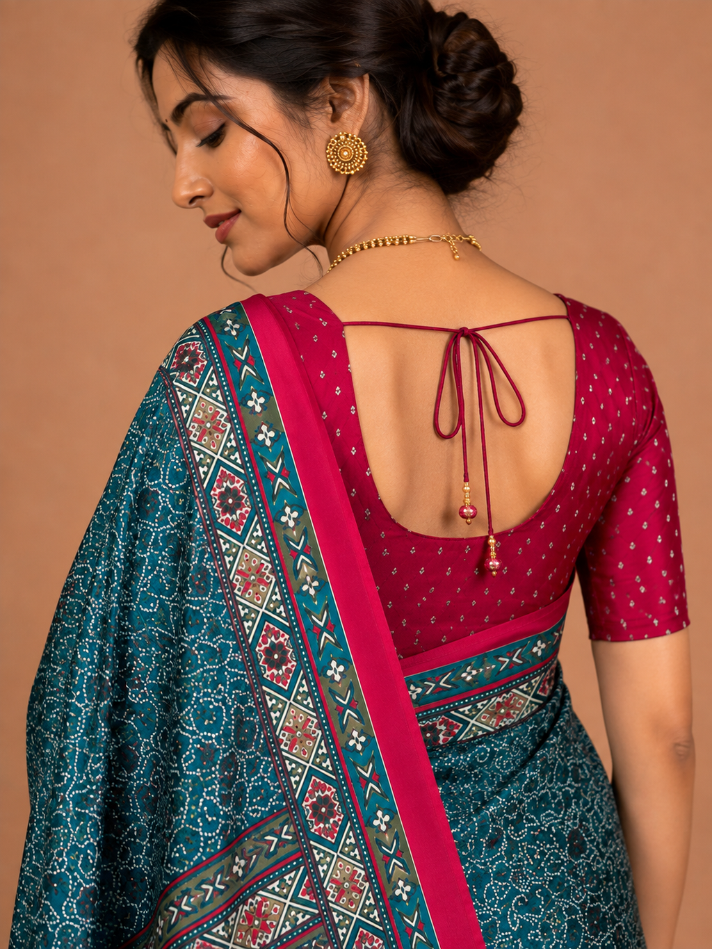 Teal Blue Semi-Modal Ajrakh Saree with Pink Border