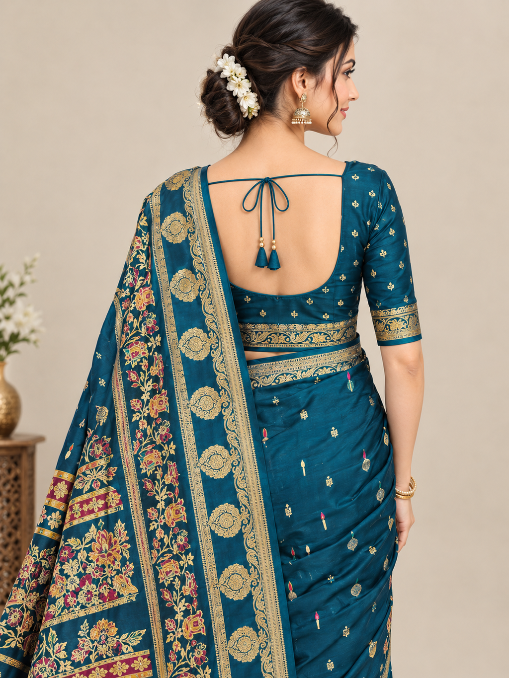 Teal Blue Chinnon Butti Saree with Jacquard Border