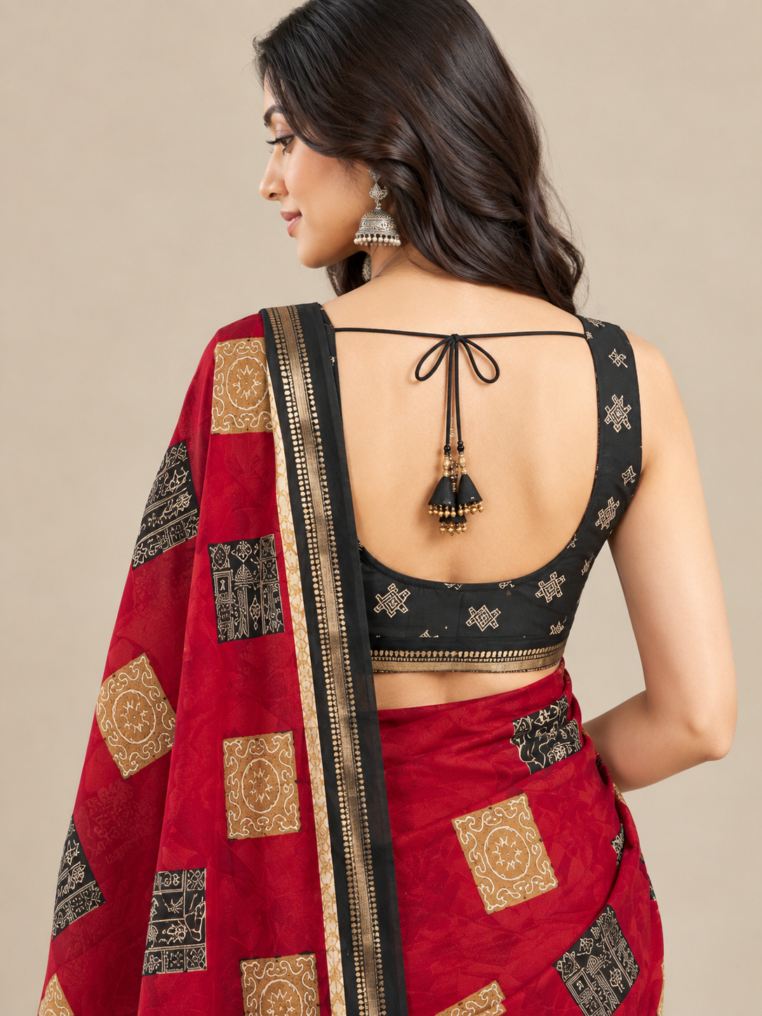Red Square Motif Saree with Black Elephant Pallu