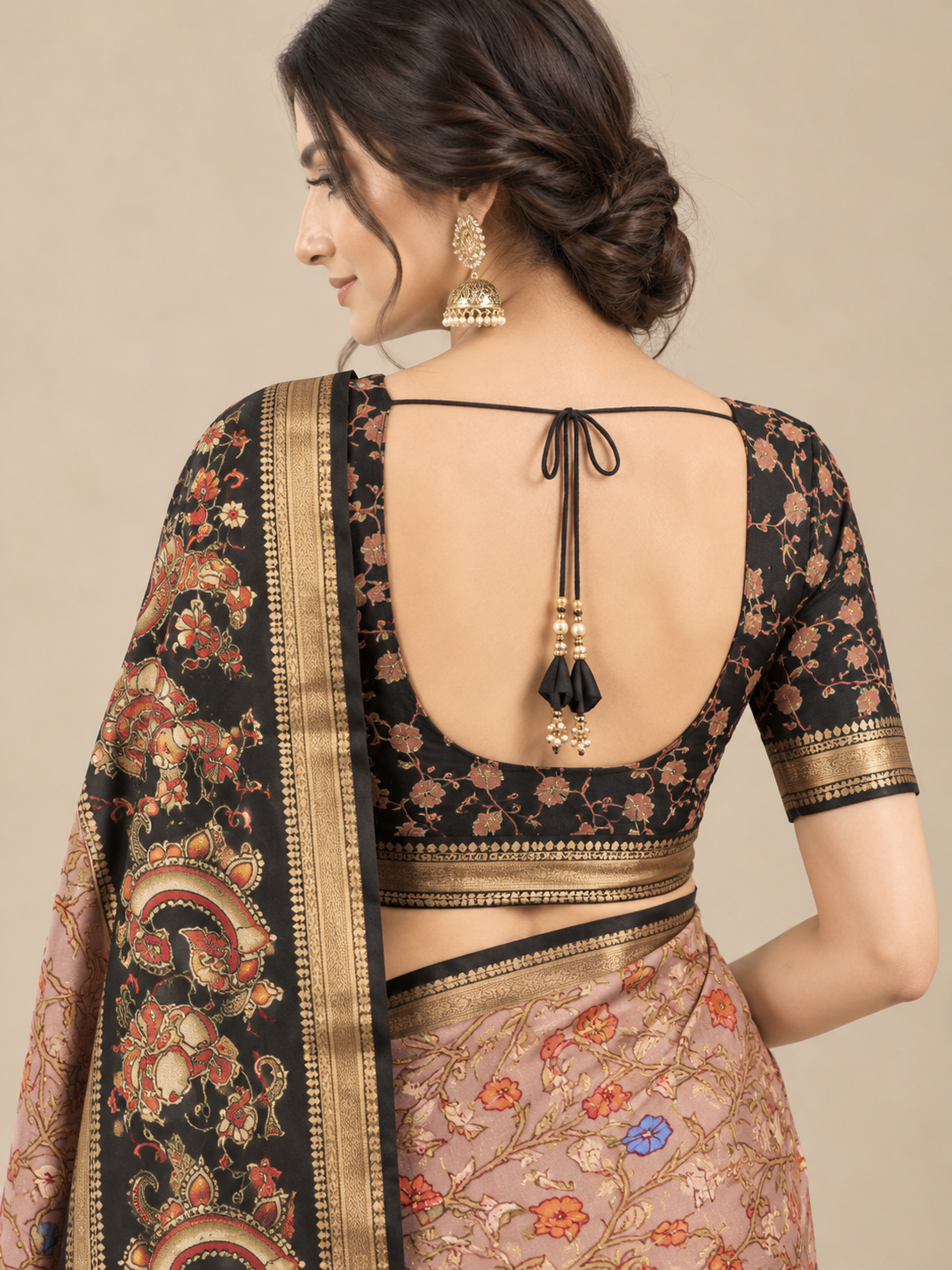 Peach Printed Black Yarn Dolla Saree with Black Floral Border