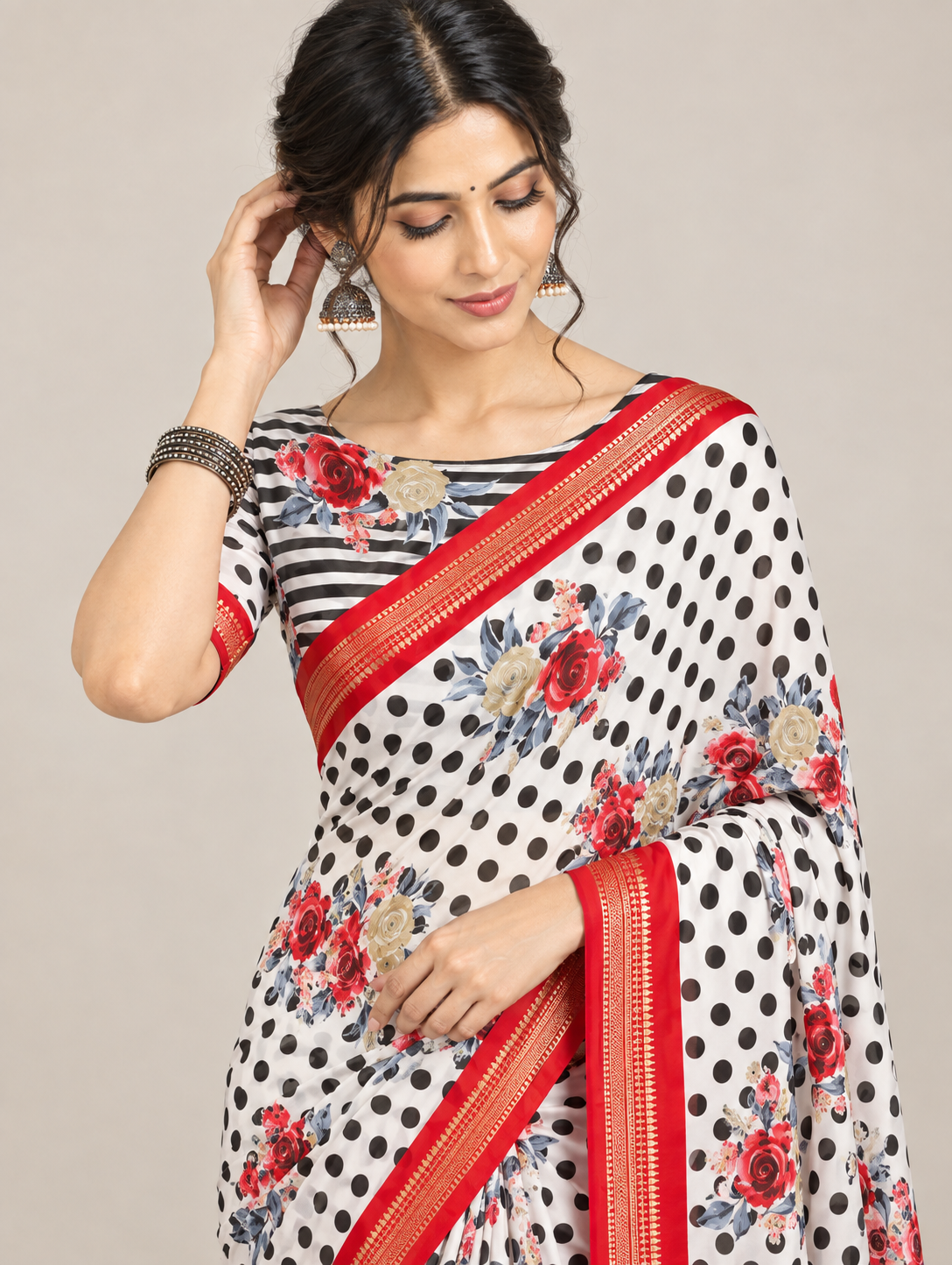 White Polka Dot Floral Saree with Red Border & Pallu