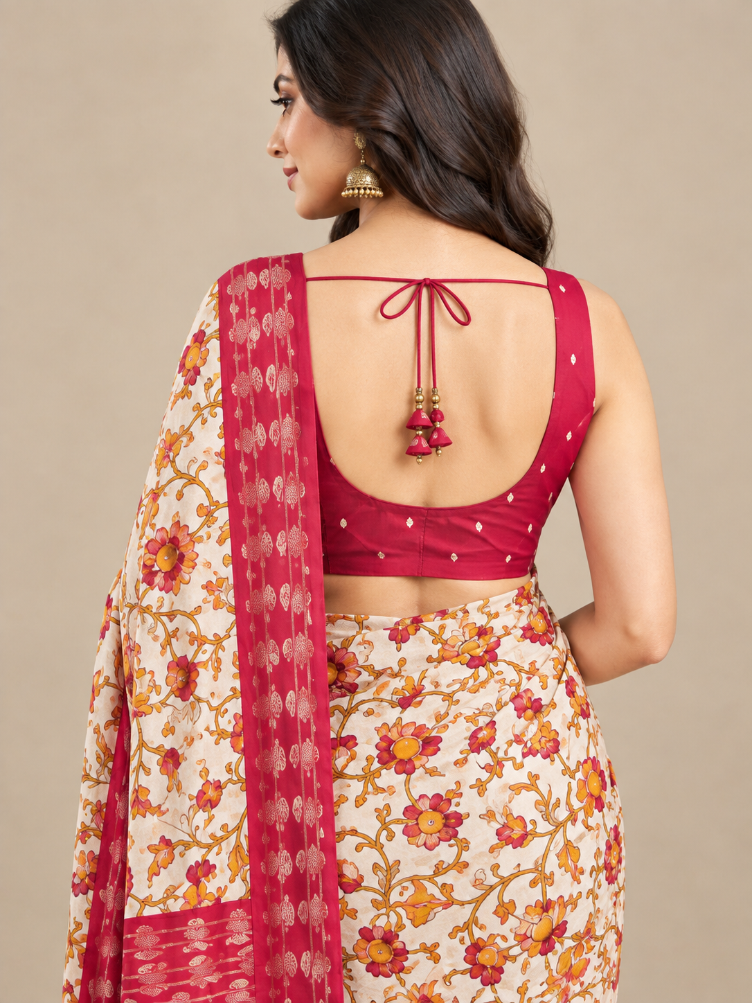 Cream Floral Dolla Silk Saree with Red Sparrow Border