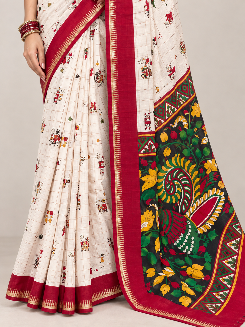 Cream Check Printed Saree with Red Border & Artistic Pallu