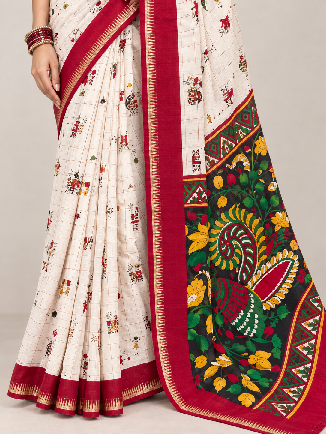 Cream Check Printed Saree with Red Border & Artistic Pallu