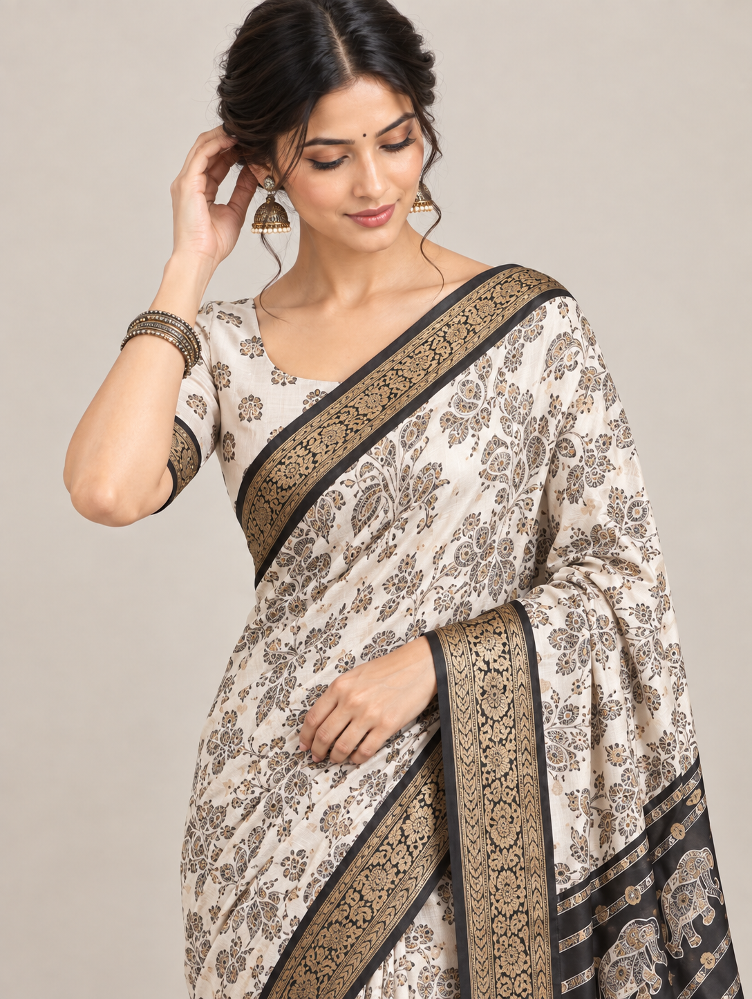 White & Black Floral Saree with Elephant Motif Pallu