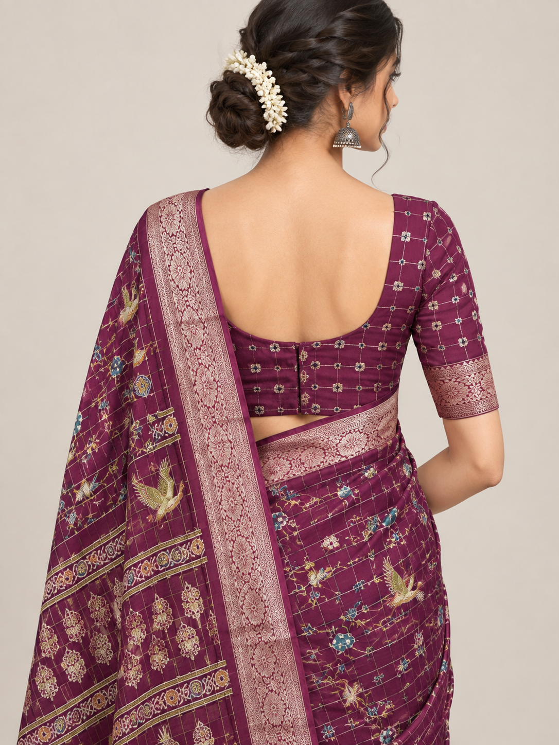 Wine Chinnon Check Saree with 5-Inch Jacquard Border