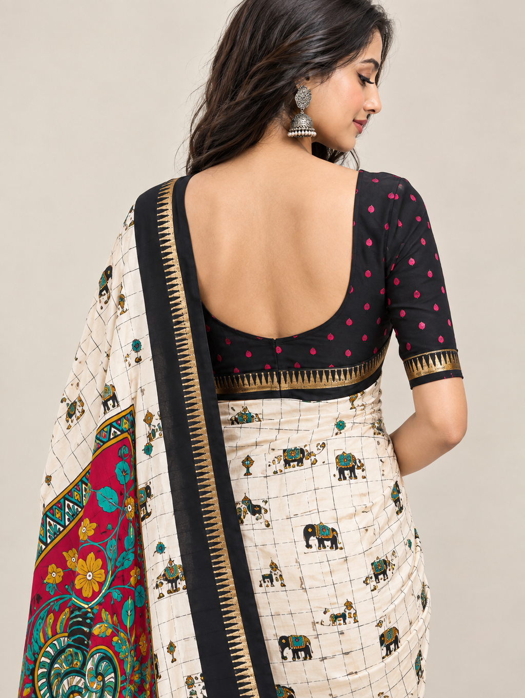 Cream Elephant Print Dolla Silk Saree with Colourful Pallu