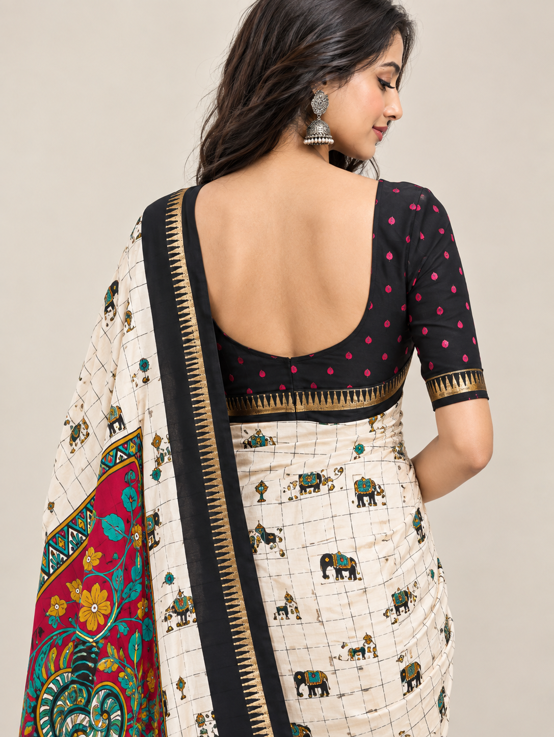 Cream Elephant Print Dolla Silk Saree with Colourful Pallu