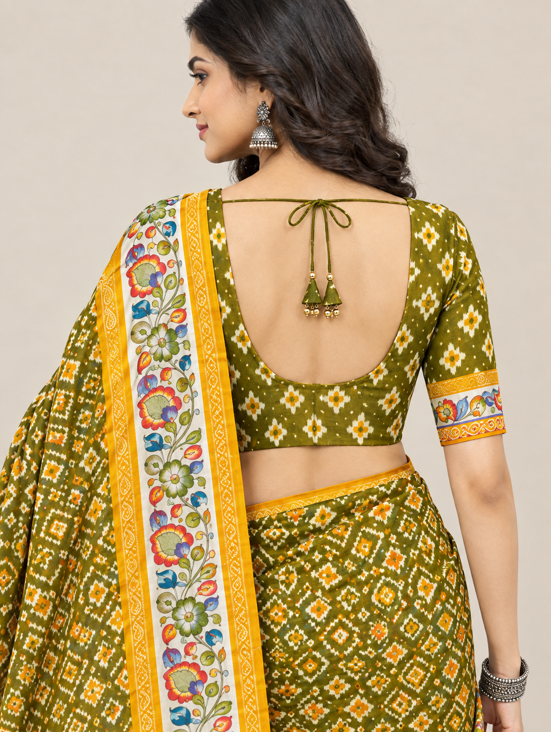 Green & Mustard Pure Cotton Saree with Floral Border