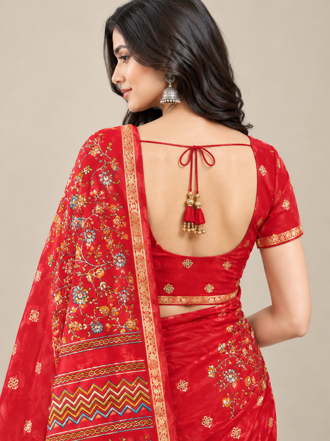 Red Dolla Silk Butti Saree with Floral Gap Border