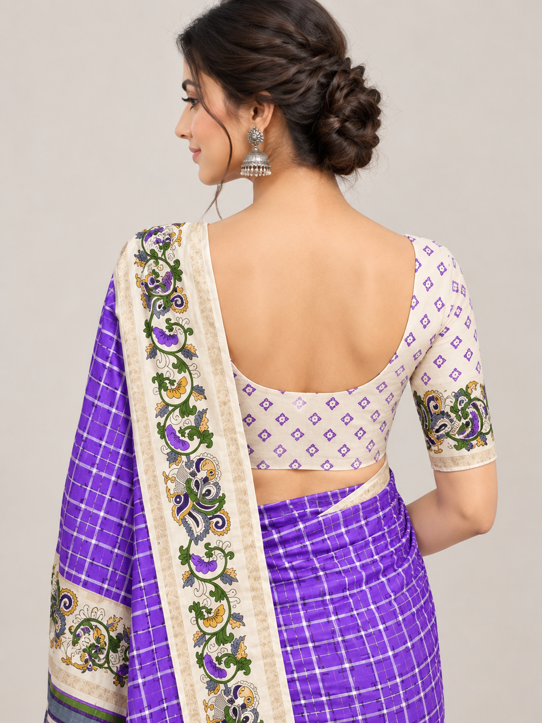 Purple Check Marshmallow Saree with Floral Bentex Borders
