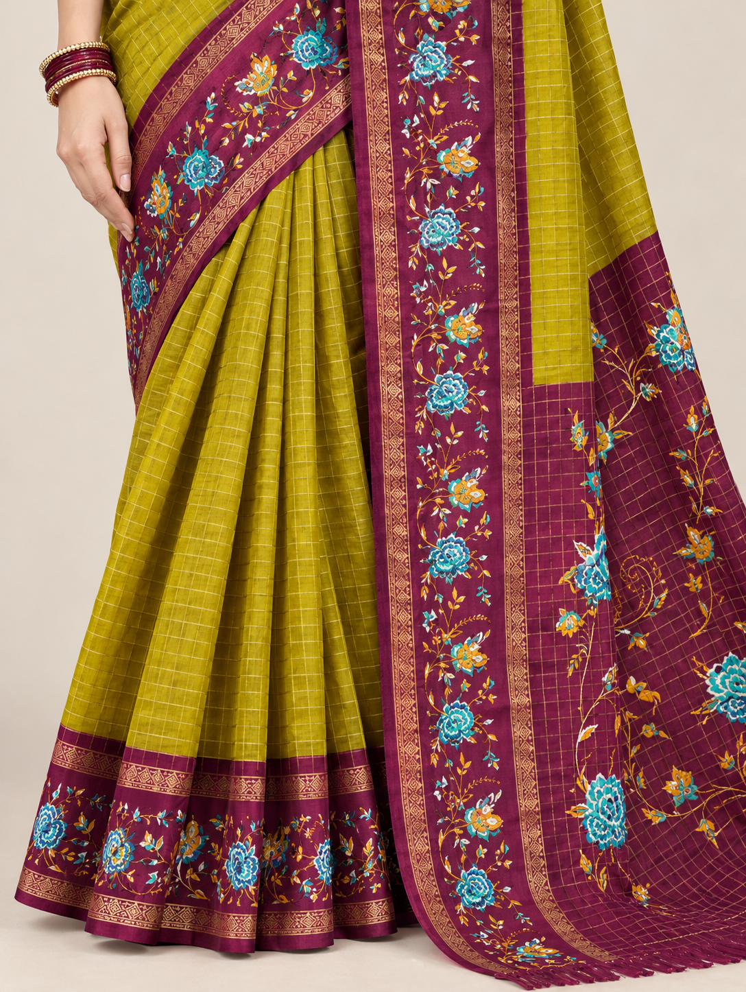 Olive Green Check Saree with Wine Floral Border