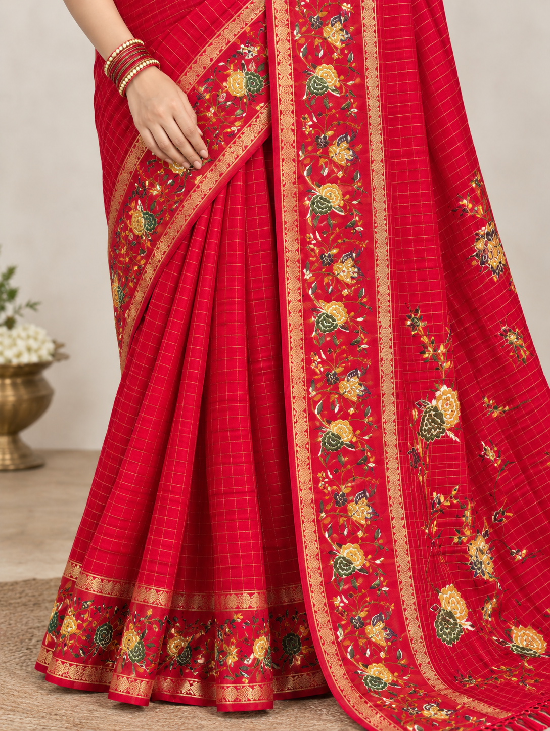 Red Check Weave Saree with Floral Border & Pallu