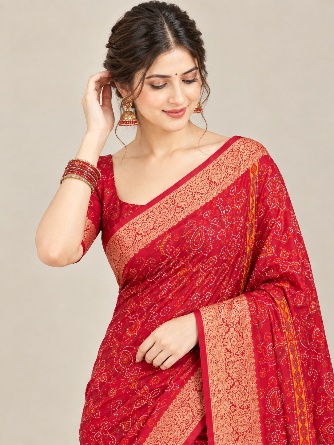 Red Fine Print Saree with Gold-Toned Paisley Pallu